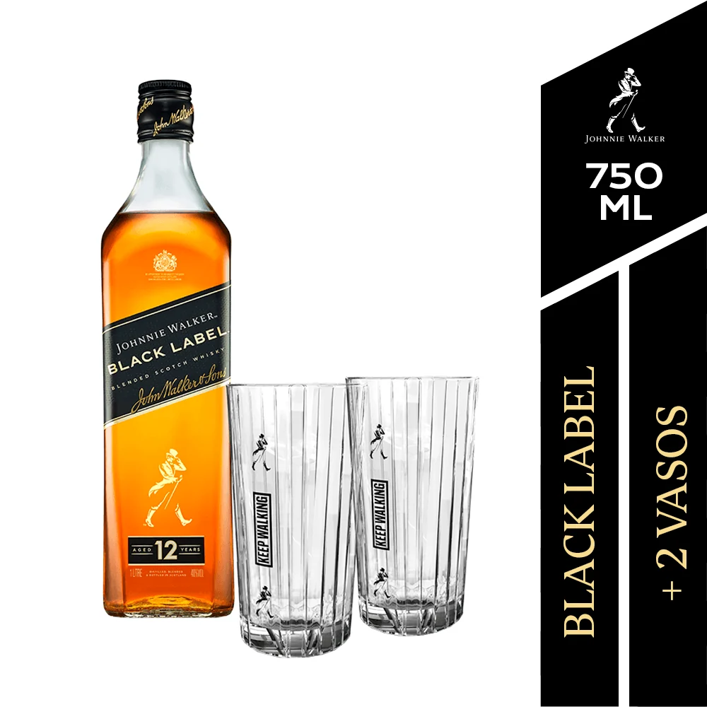 Whisky Johnnie Walker Black Label 750cc Pack con 2 vasos